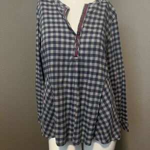 J. JILL Women’s Blue / Grey LS Plaid Henley  Popover Top  Blouse Size M